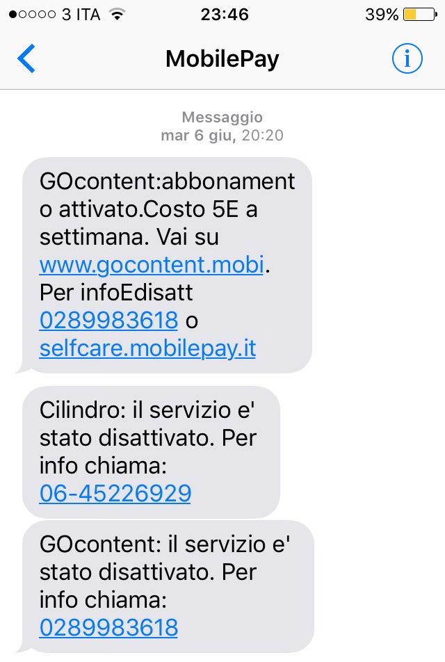 SMS MobilePay disattivazione